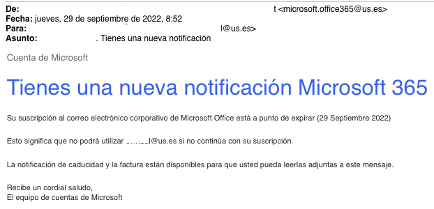 Aviso de seguridad 29/09/22: correos recibidos en la US suplantando la  identidad (phishing) de Microsoft Office 365 | SOS